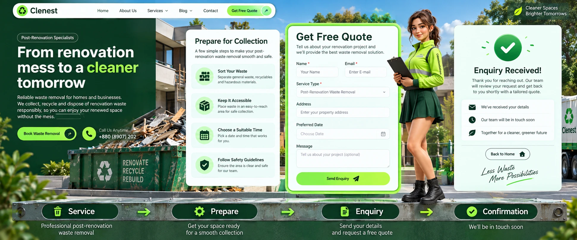 Practical post-renovation waste removal page use case based on ThemeForest Clenest