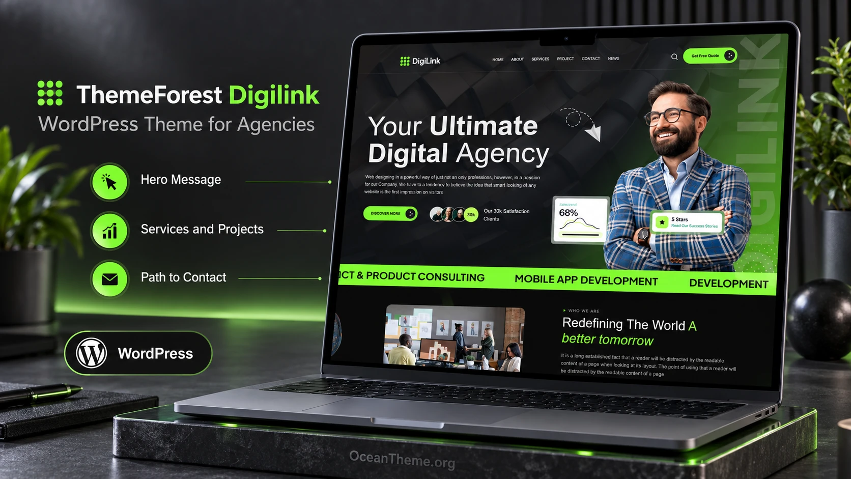 ThemeForest Digilink shown in a browser layout with a digital agency website design