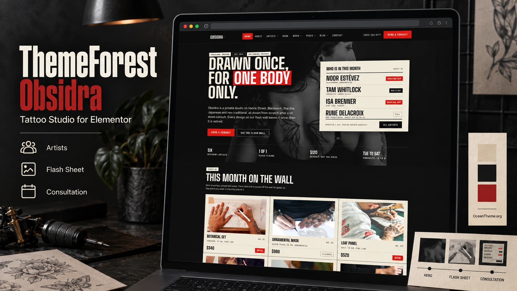 ThemeForest Obsidra guide cover retaining the tattoo studio's dark hero area