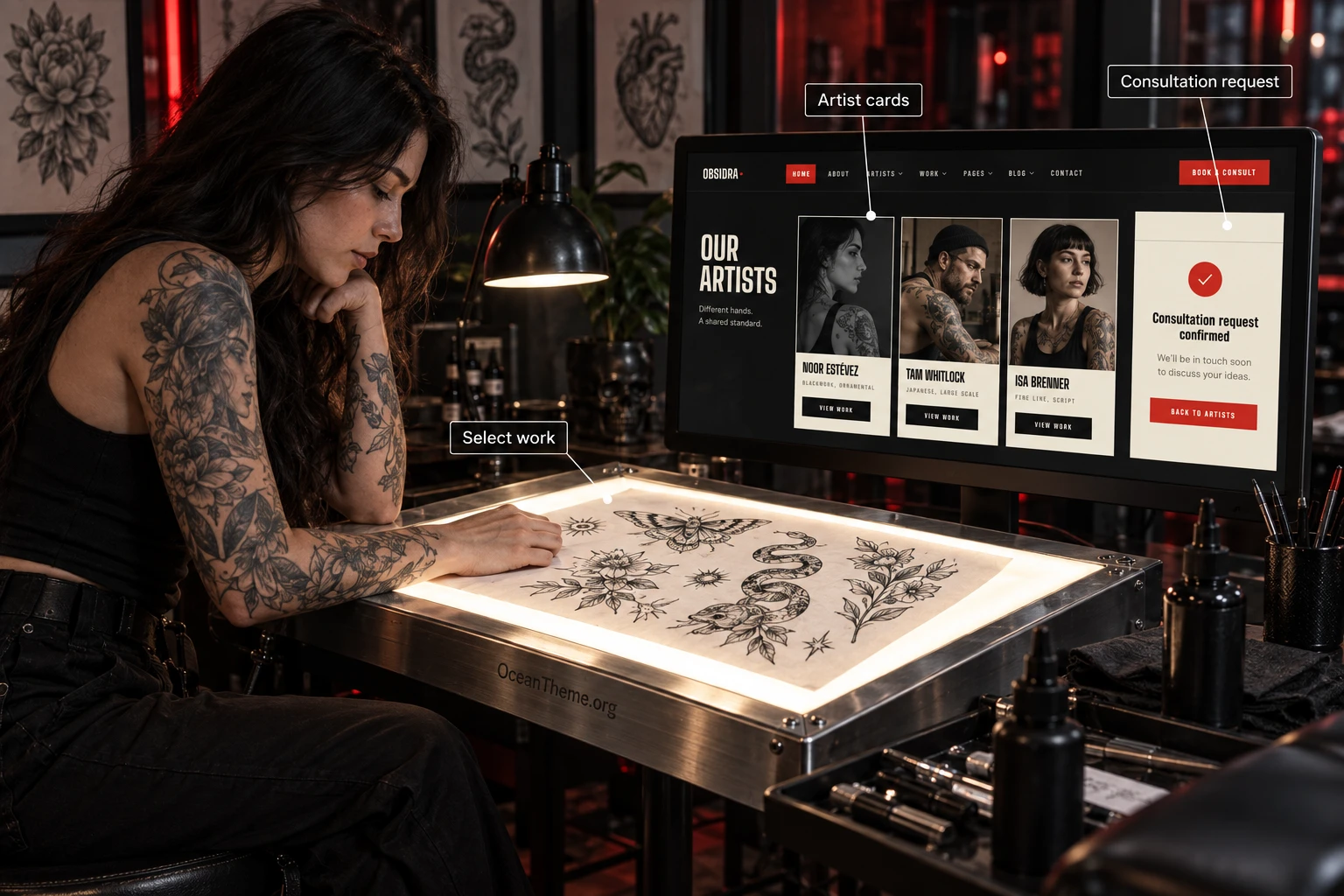 Practical example of configuring the Obsidra homepage for two artists and a flash sheet