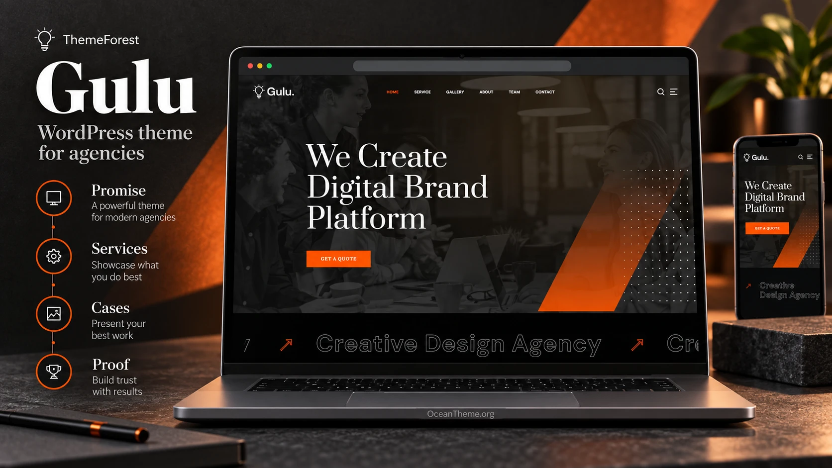 ThemeForest Gulu: dark creative agency website hero section with an orange accent