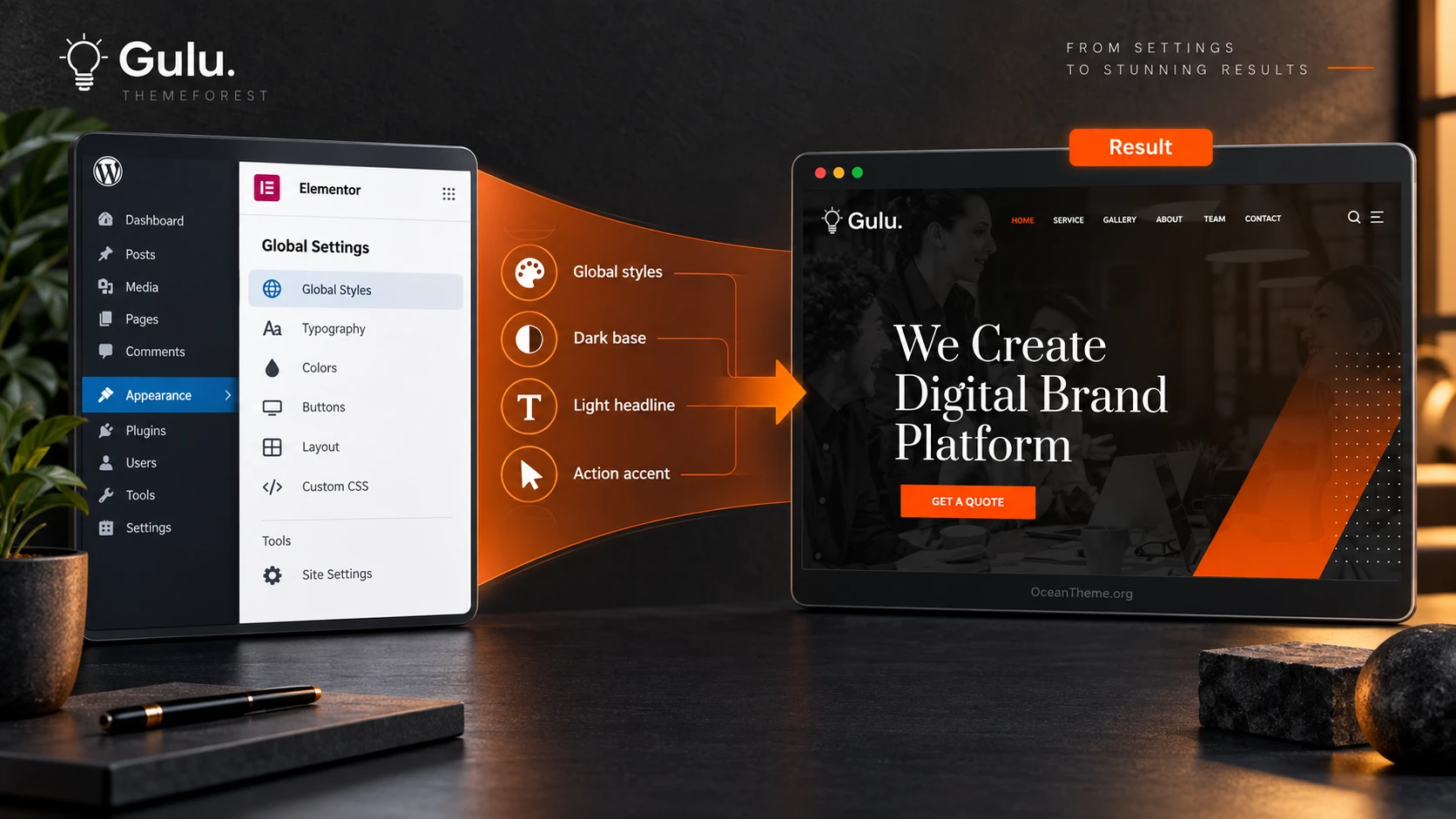 ThemeForest Gulu configuration in WordPress: palette, hero section, and connected outcome