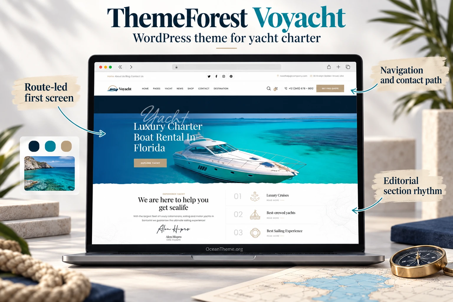 ThemeForest Voyacht: maritime hero area, navigation, and yacht charter website structure