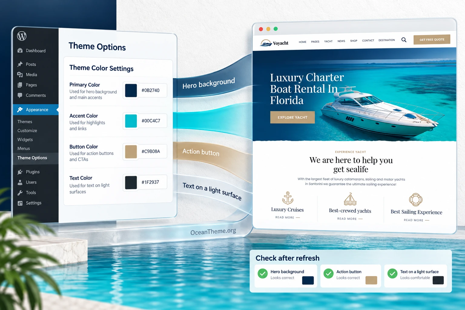 Connection between Voyacht color settings and the visible outcome on a yacht charter page