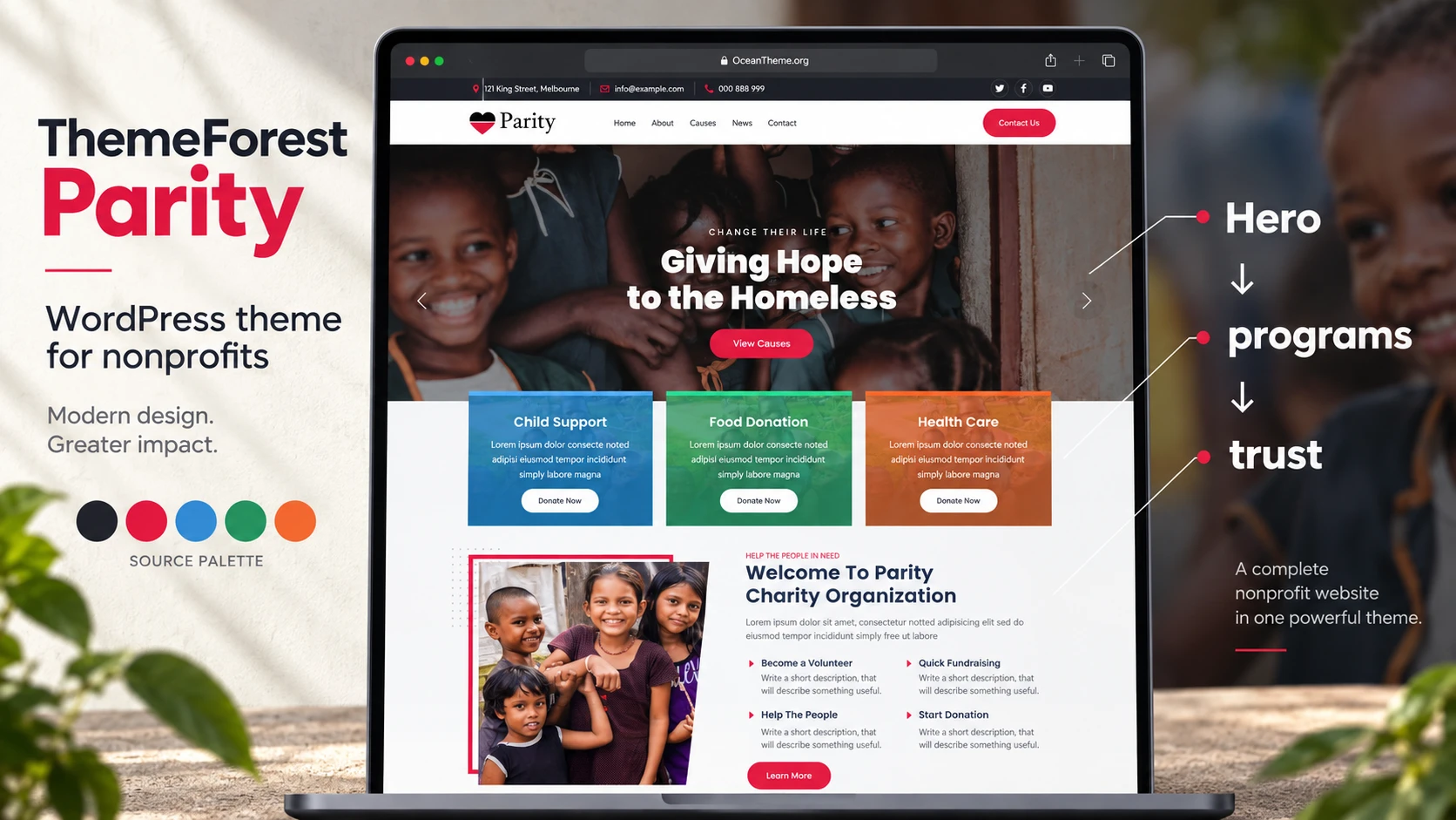 ThemeForest Parity guide cover with a reference hero section from a nonprofit WordPress theme