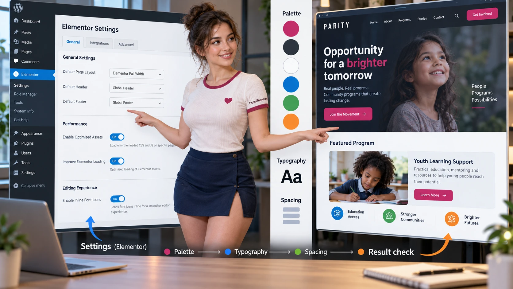 Annotated Elementor configuration diagram for ThemeForest Parity with palette, cards, and outcome verification