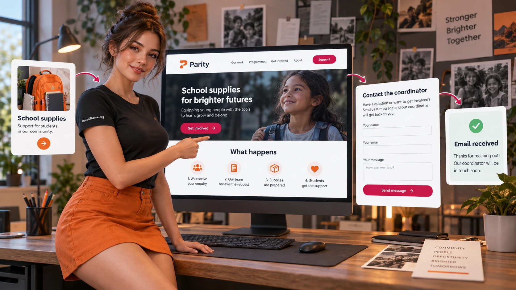 ThemeForest Parity practical workflow: an editor builds a charity program page and tests the inquiry form