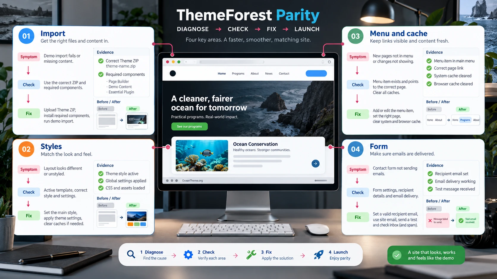 ThemeForest Parity troubleshooting map for import, menu, Elementor, cache, and form checks