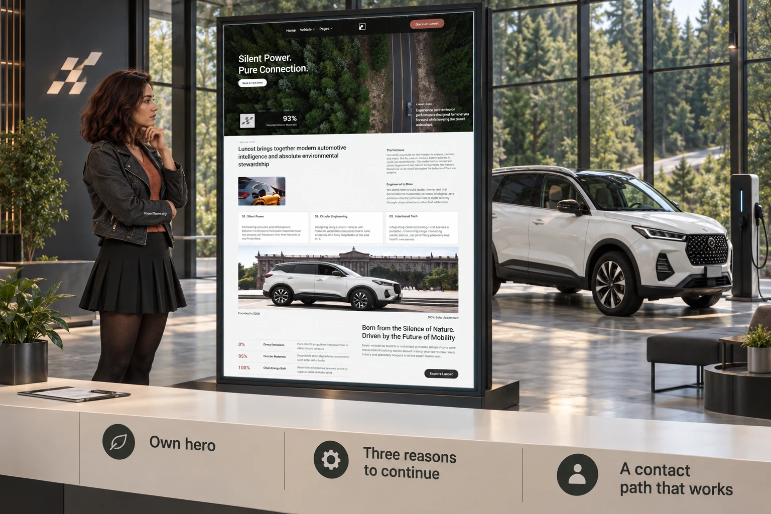 Practical Lunost setup example for an electric mobility center from the hero to the contact page