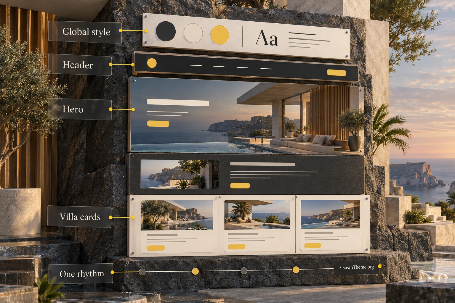 ThemeForest Calvera design system diagram from global styles to a villa page