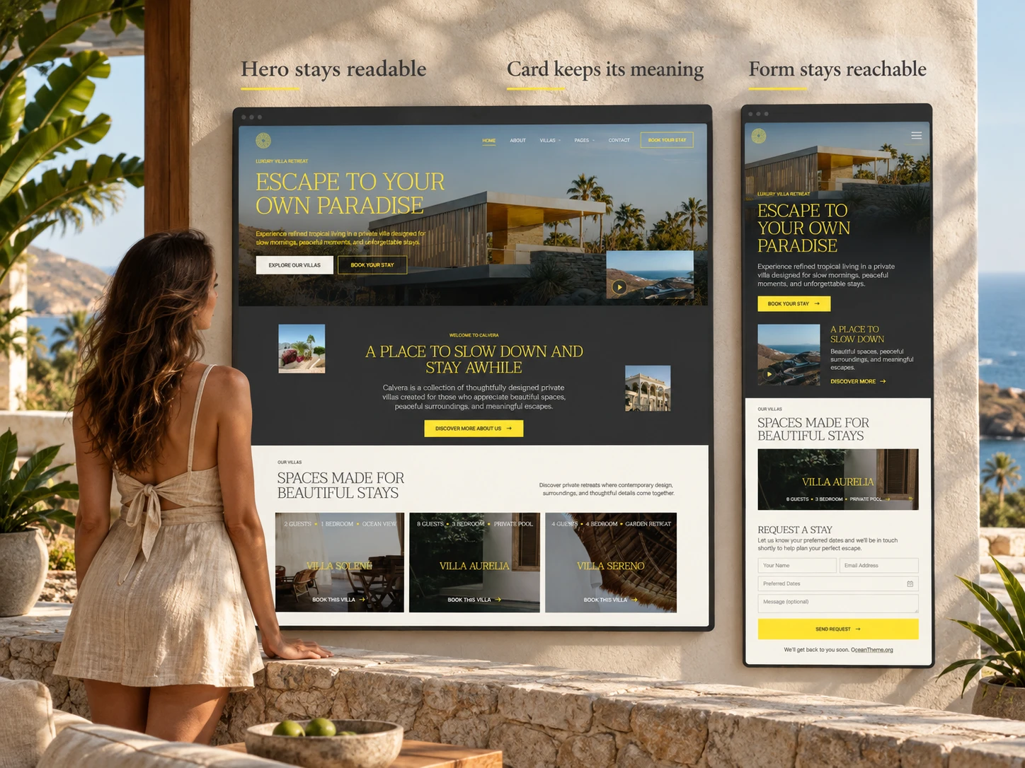 Checking the responsive ThemeForest Calvera outcome on the homepage, villa card, and inquiry form