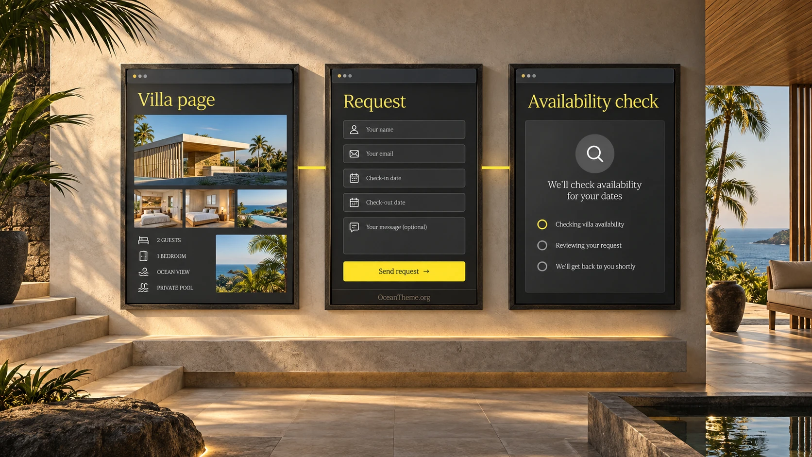 Diagram connecting a ThemeForest Calvera page, inquiry form, and external availability system without false confirmation