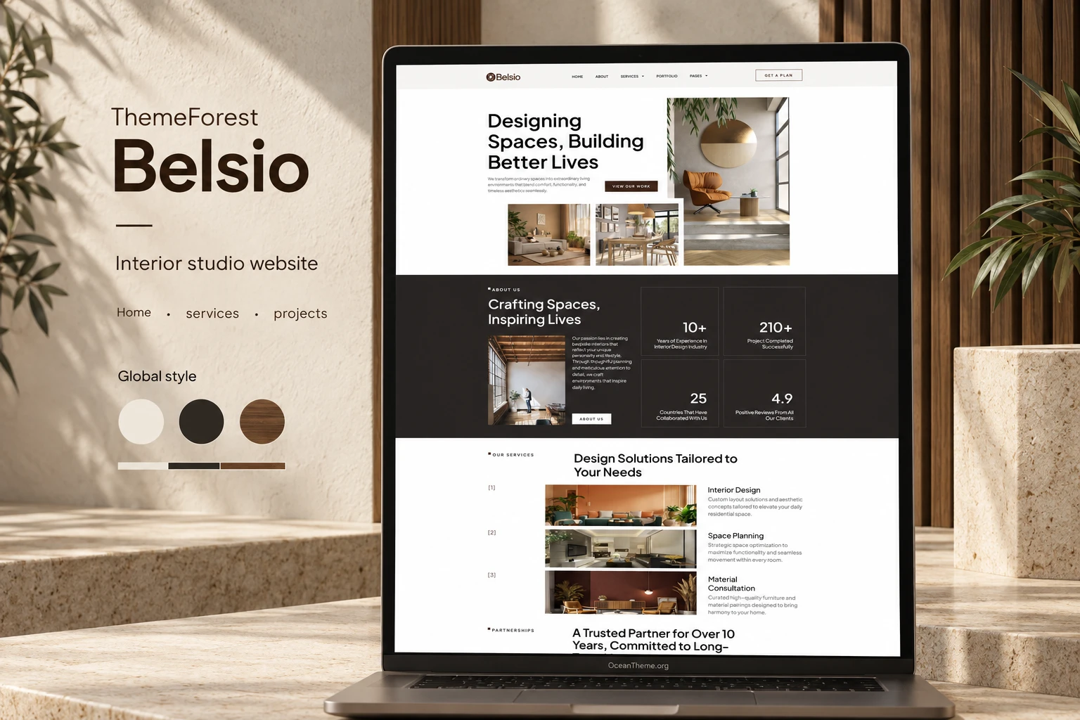 ThemeForest Belsio guide cover with the preserved hero layout for an interior design studio template