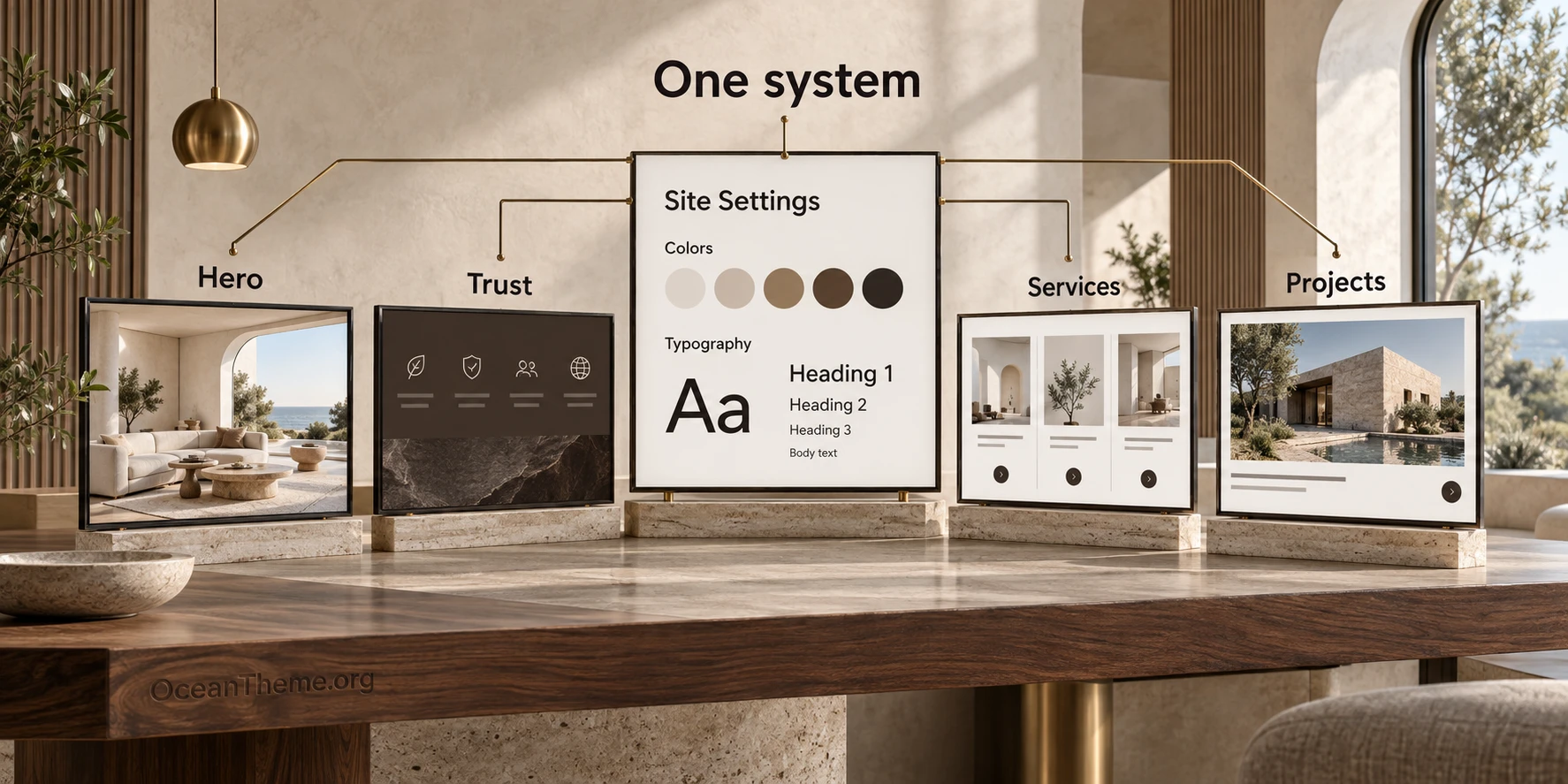 ThemeForest Belsio homepage assembly map using Elementor global styles, sections, and templates
