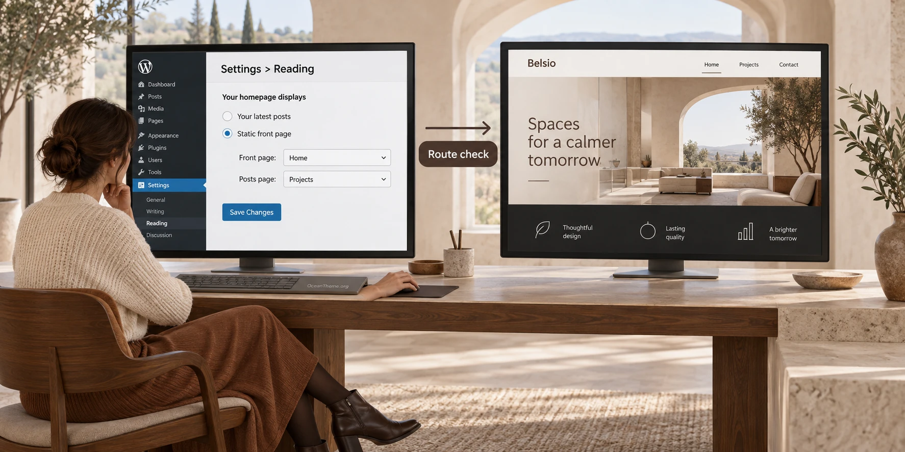 Checking the homepage, menu, and portfolio connection after configuring ThemeForest Belsio