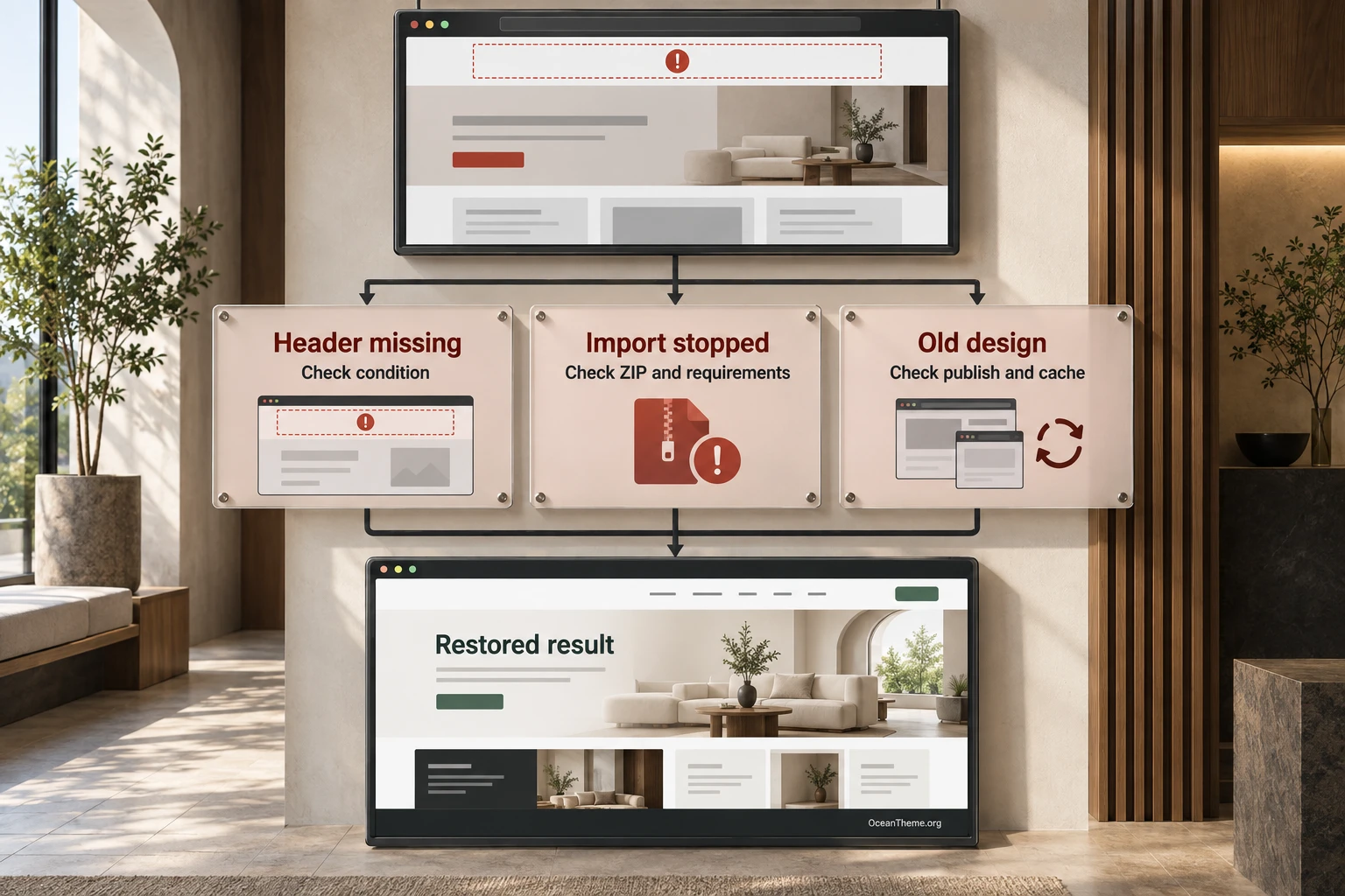ThemeForest Belsio troubleshooting map for checking imports, header conditions, and responsive output