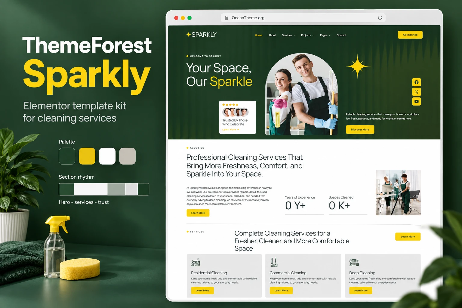 ThemeForest Sparkly guide cover featuring the preserved reference of a dark-green cleaning service homepage