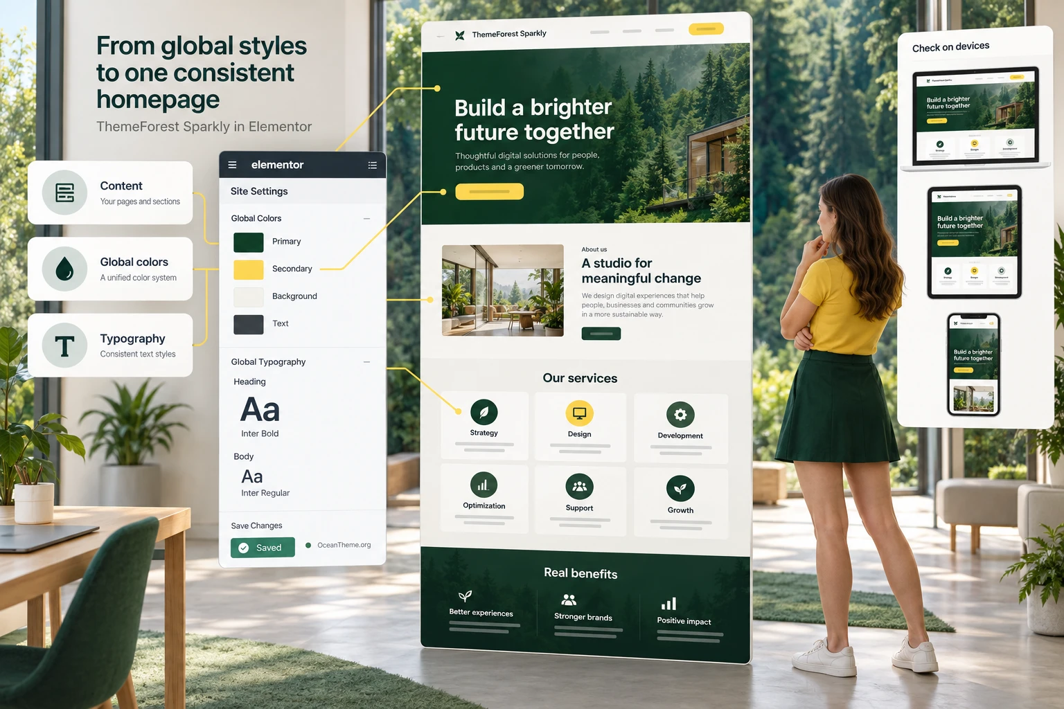 ThemeForest Sparkly design-system breakdown showing a dark hero section, Elementor global colors, service cards, and responsive output
