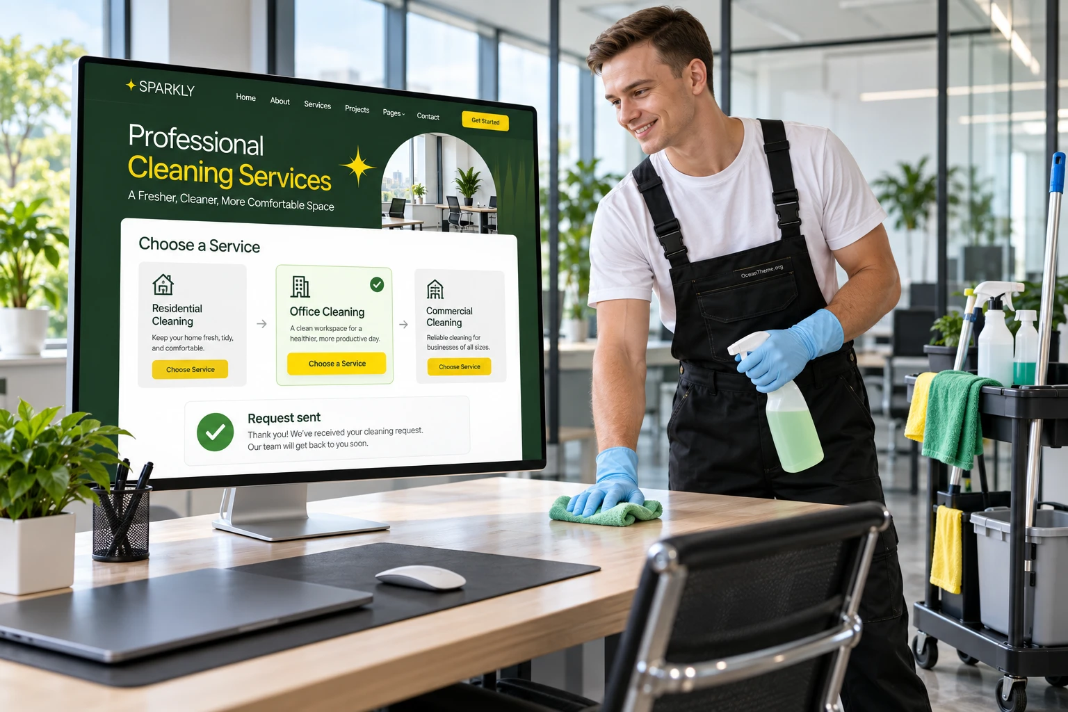 Practical ThemeForest Sparkly setup scene for a cleaning service, with the Elementor editor connecting service cards to the visible page output