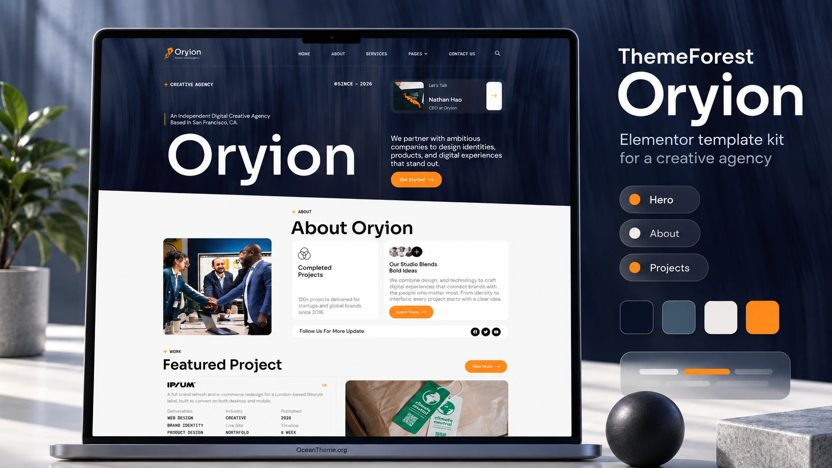 ThemeForest Oryion guide cover with a reference-faithful agency website layout