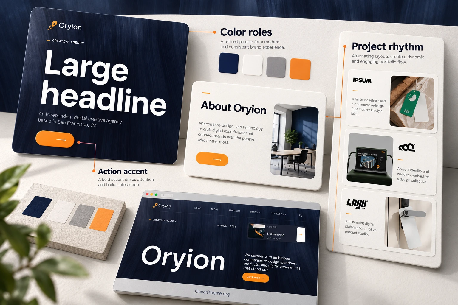 ThemeForest Oryion design system breakdown with palette, typography, and section rhythm