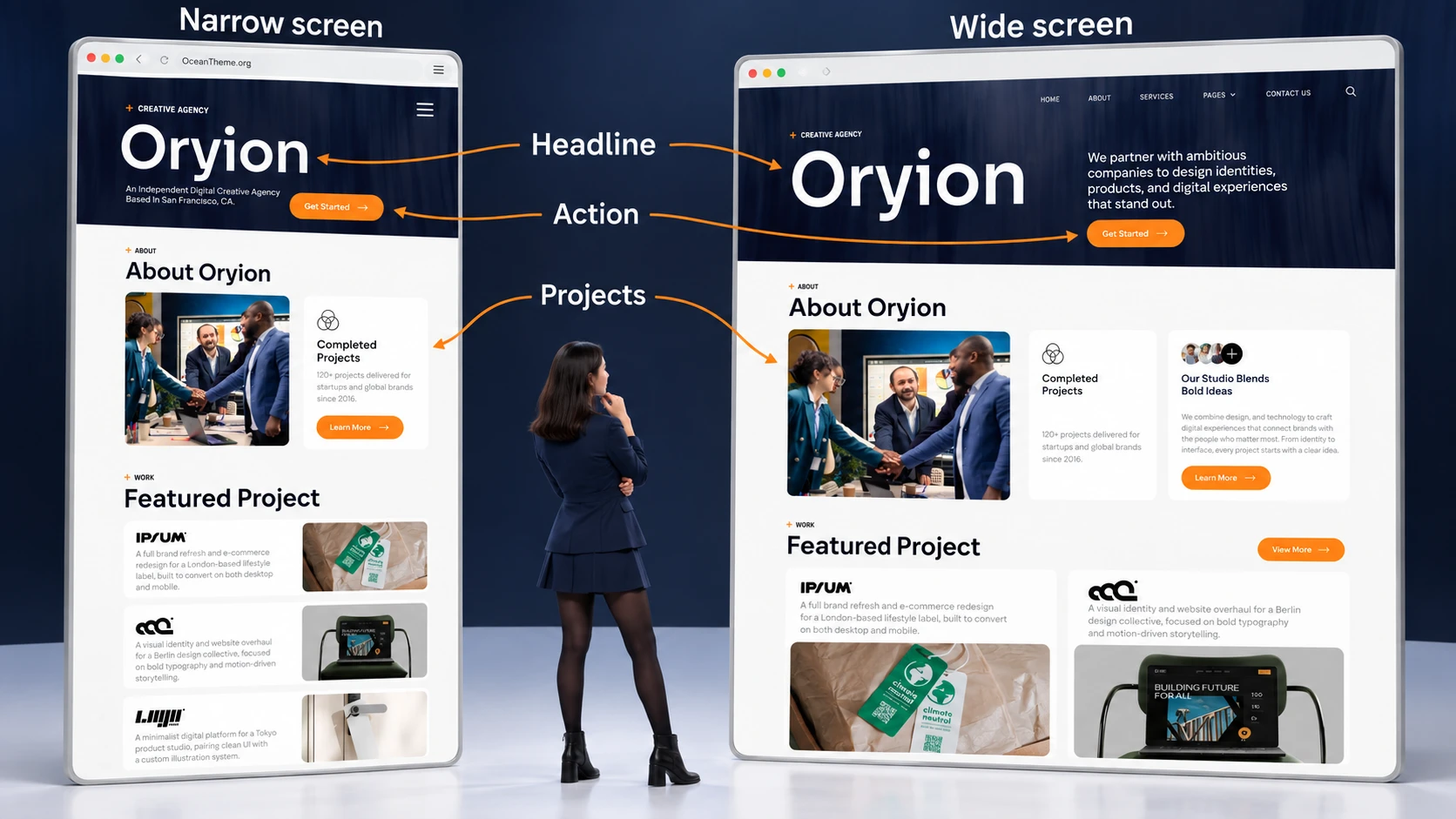 Comparison of ThemeForest Oryion responsive settings and page results across screen sizes