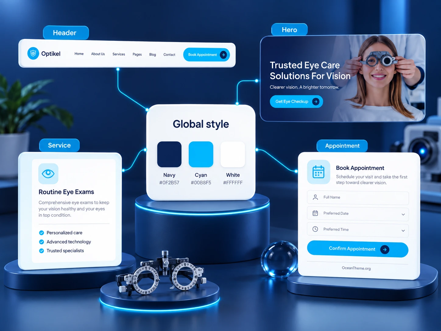 Connection between ThemeForest Optikel global style, appointment form, and visible clinic website result