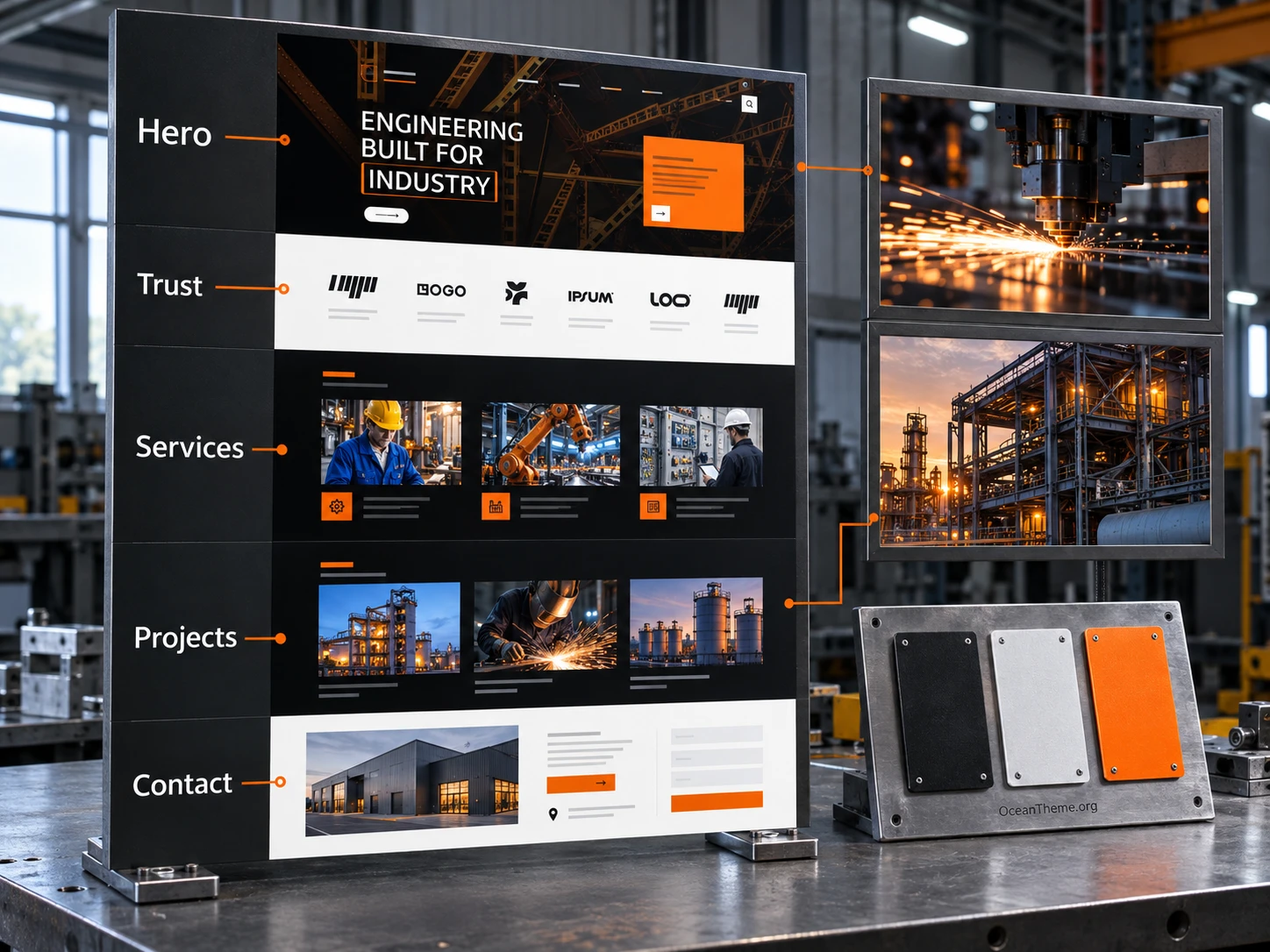 ThemeForest Mechix homepage structure breakdown: hero, trust, services, projects, and contacts