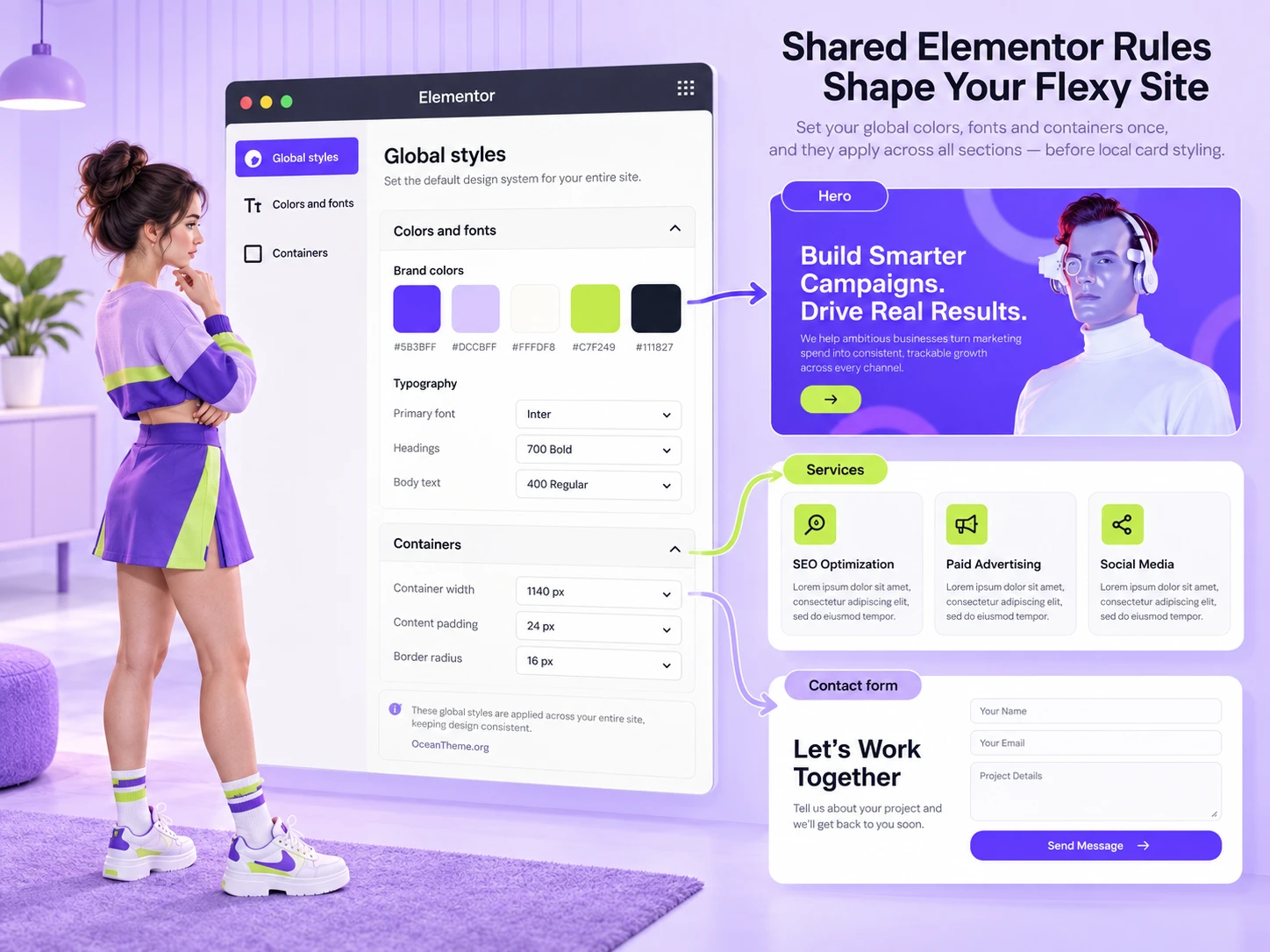 Map of global colors, typography, and containers for configuring the ThemeForest Flexy template
