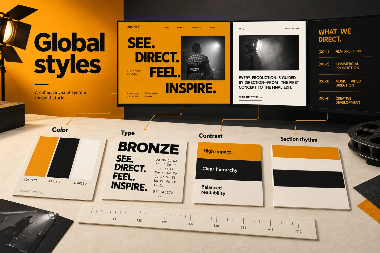 Visual explanation of ThemeForest Bronze colors, fonts, and section rhythm for Elementor