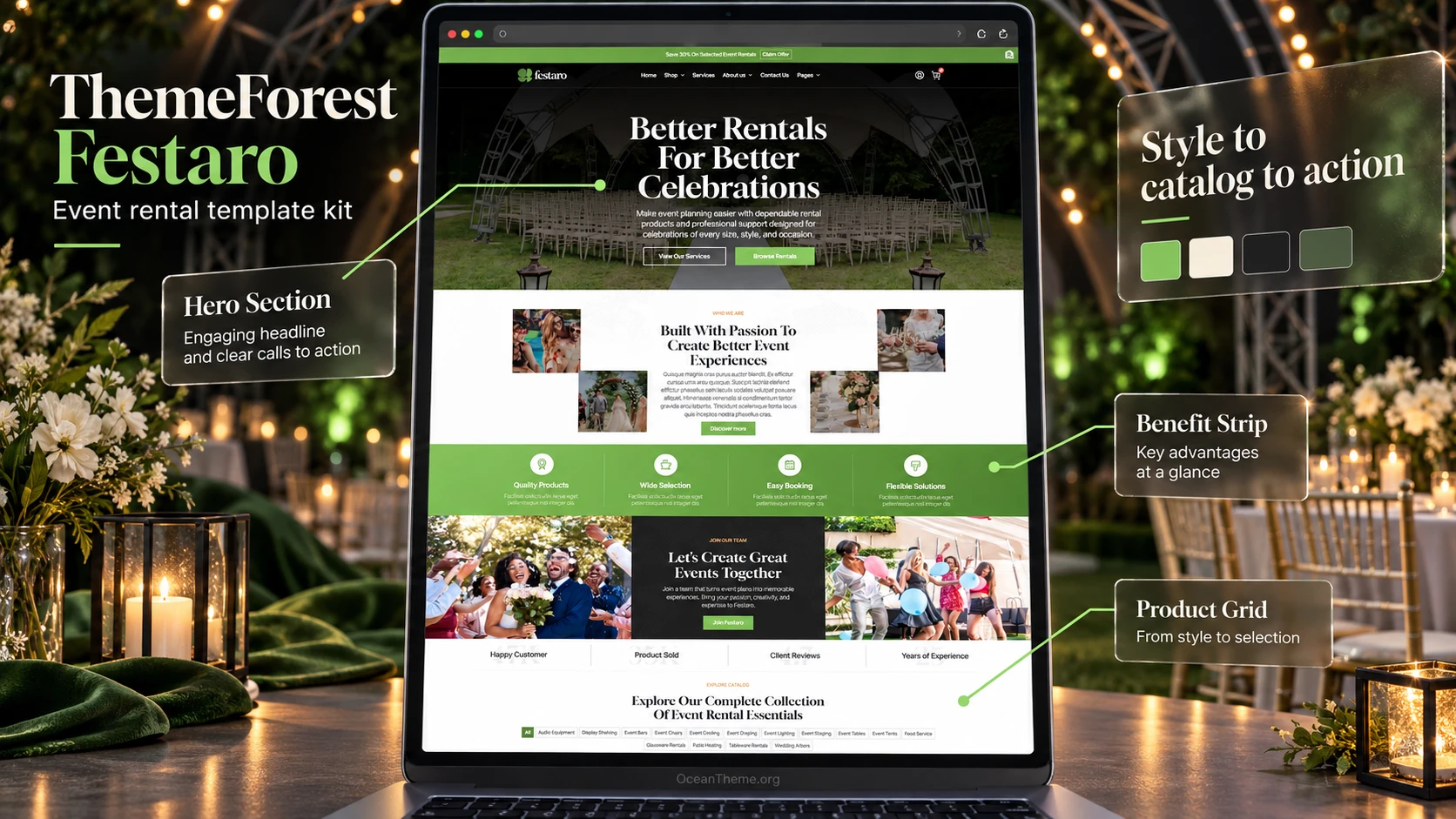 ThemeForest Festaro guide cover showing the template kit’s design for party rental equipment