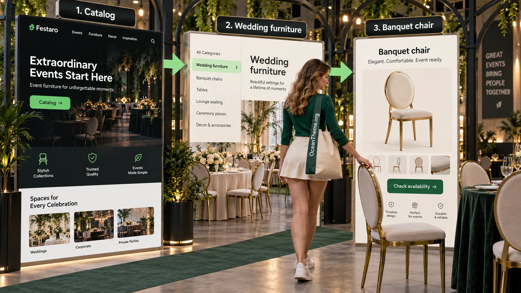 Example visitor journey from the Festaro home page to a wedding furniture category and rental listing