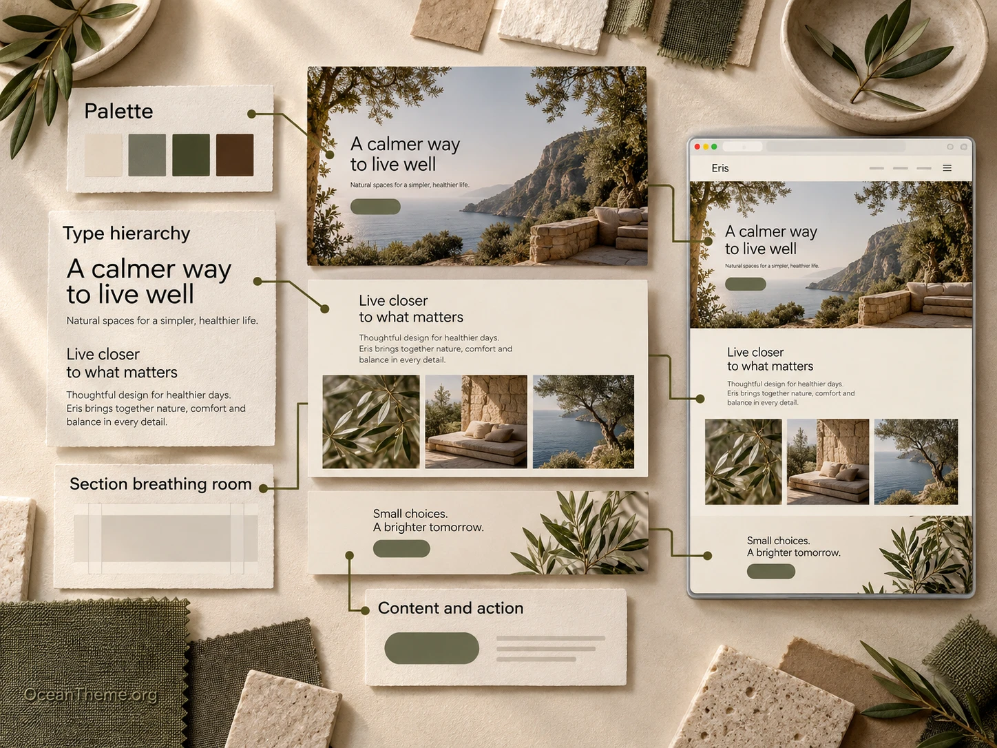 ThemeForest Eris design system overview with sections, colors, and editorial rhythm