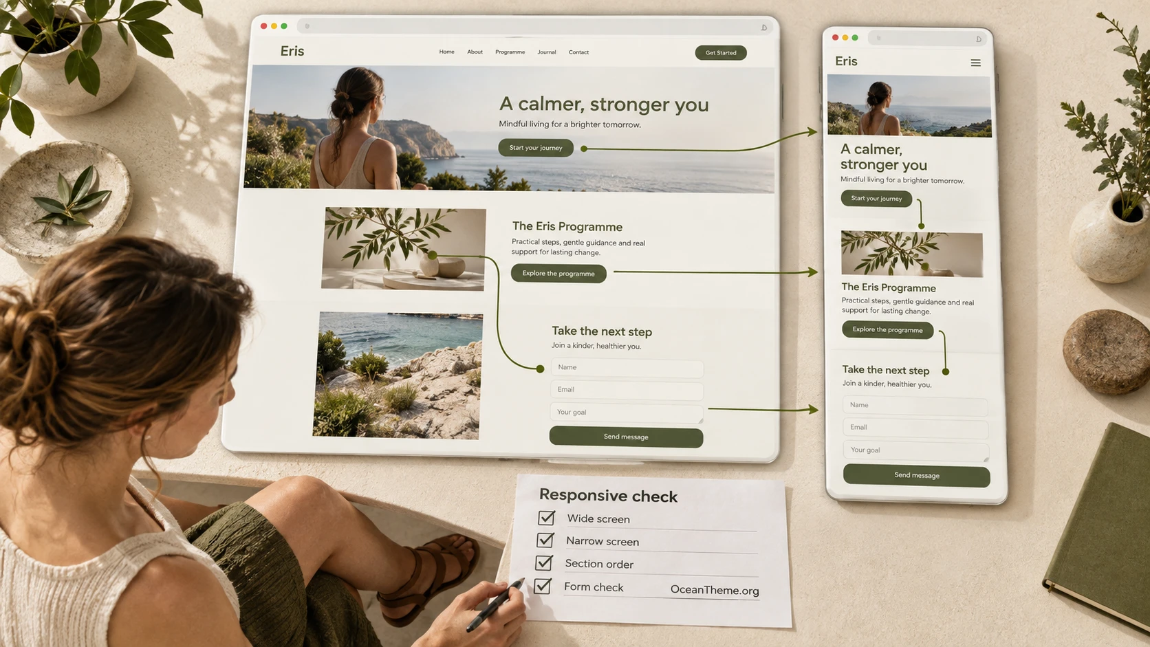 Testing a responsive ThemeForest Eris page and form path across different screens