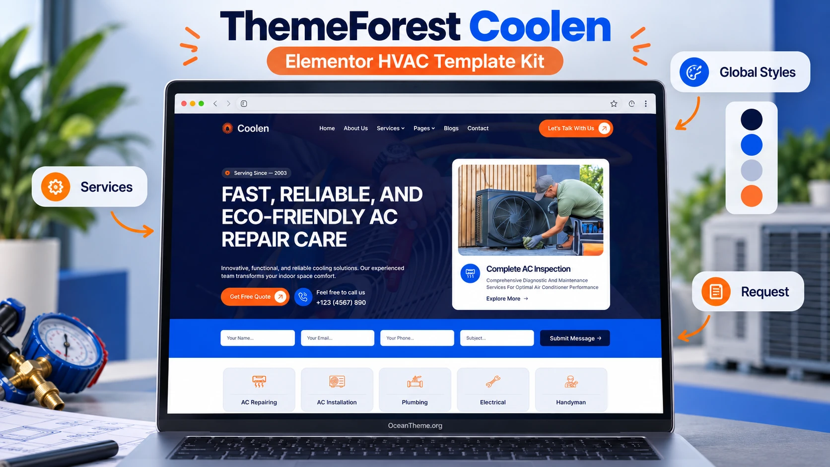 ThemeForest Coolen: dark blue HVAC hero section with an air conditioner service card