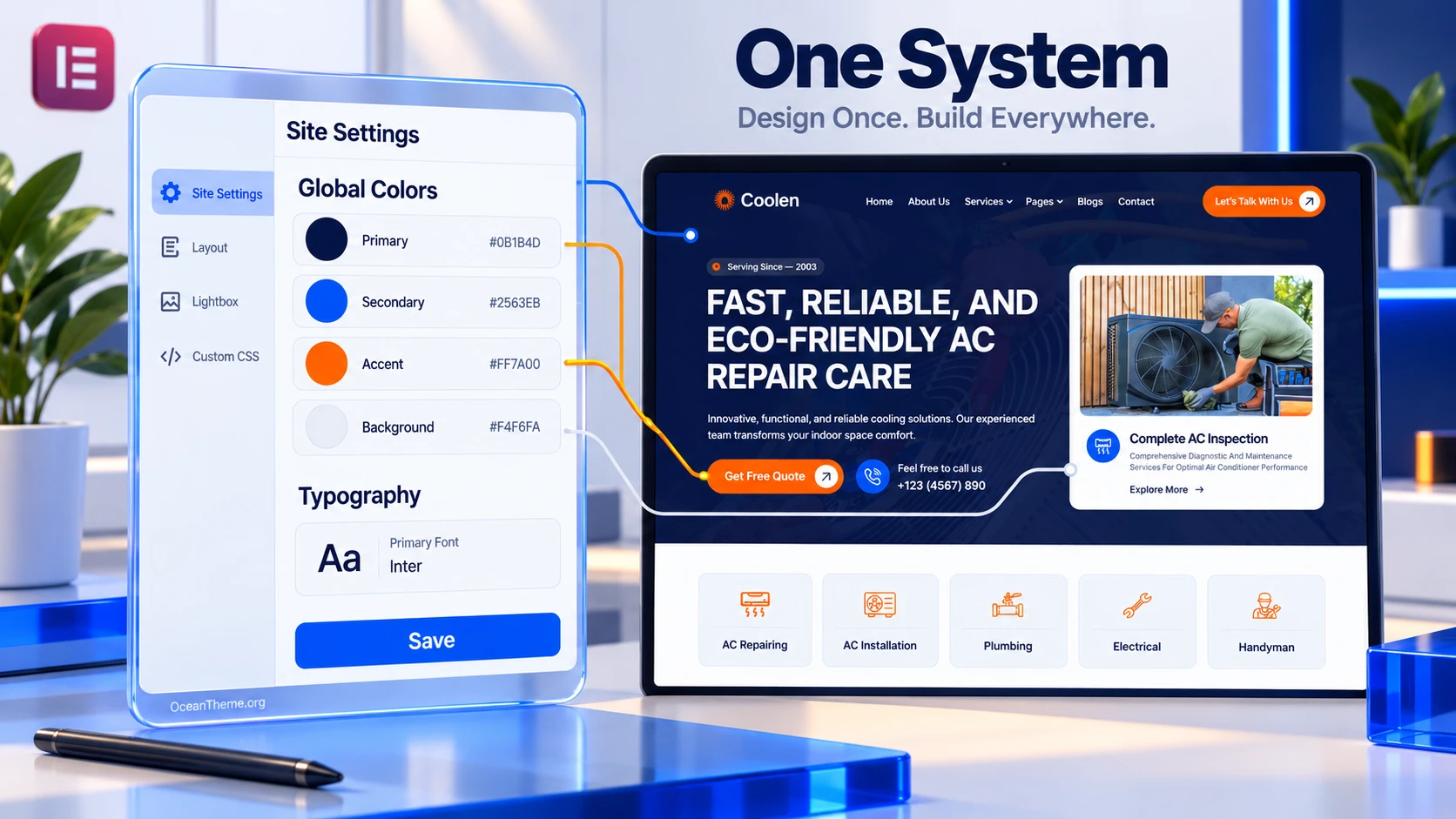 Elementor global colors connected to ThemeForest Coolen’s dark blue and orange design
