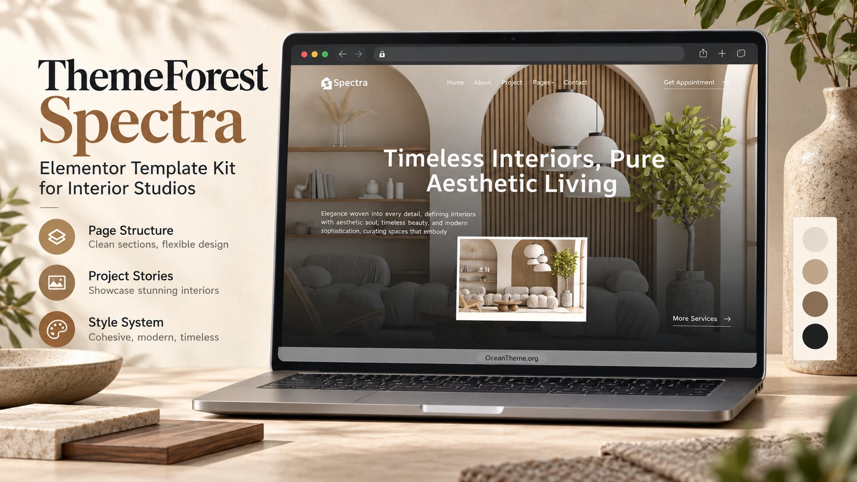 ThemeForest Spectra in Elementor: the top of an interior design studio website in a warm, neutral palette