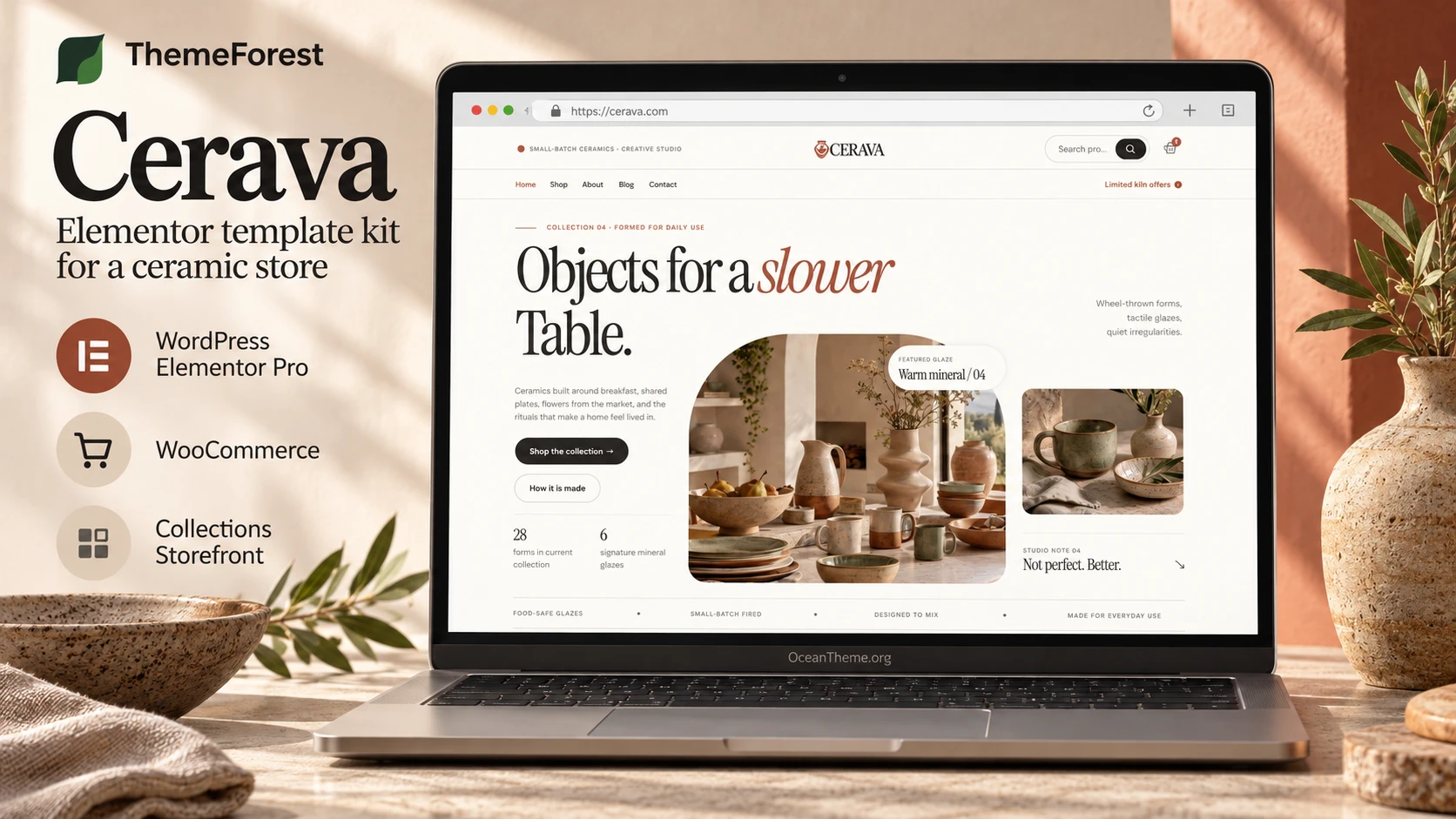 ThemeForest Cerava in a browser mockup: a warm Elementor storefront for a ceramics shop