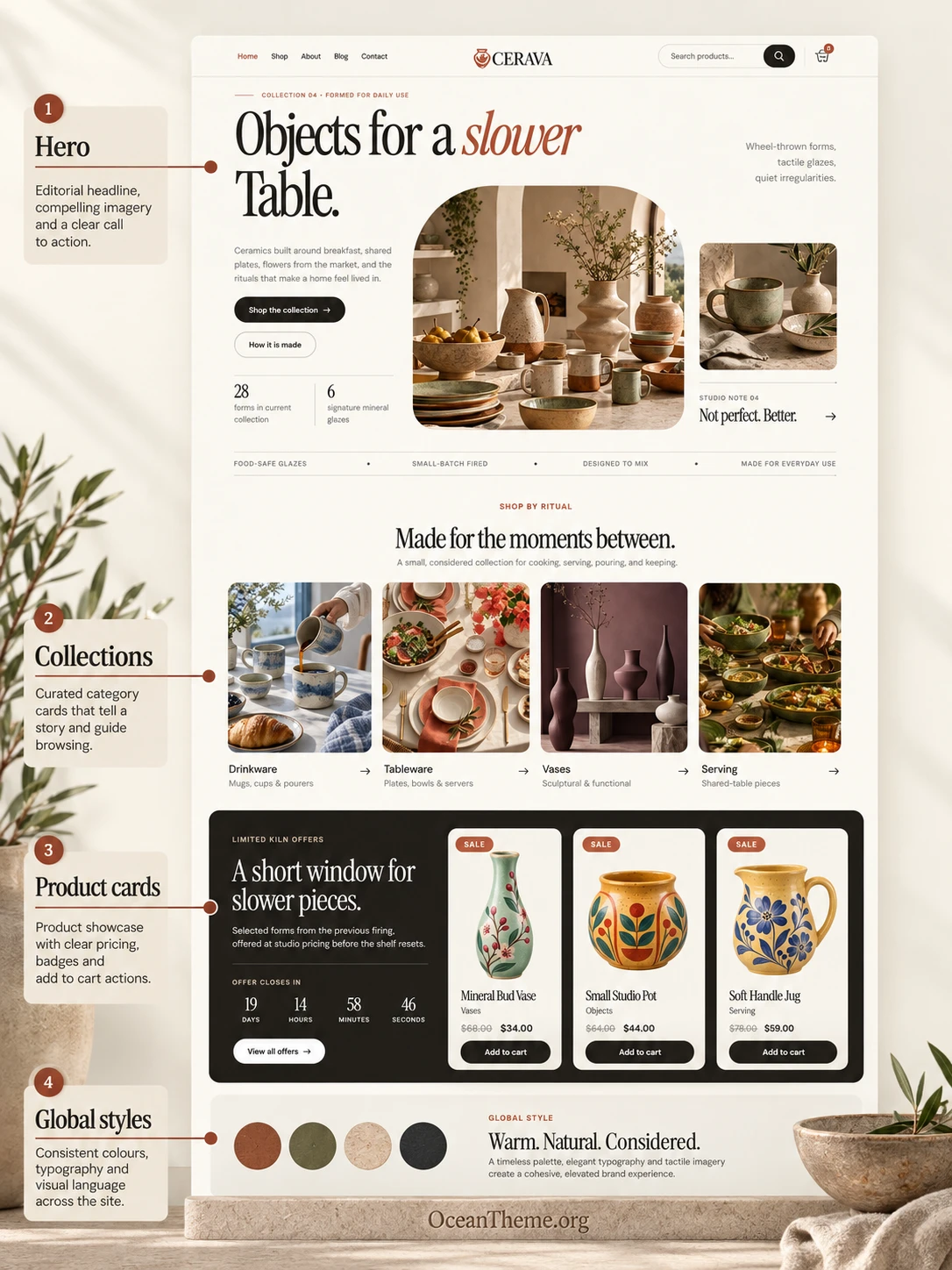 ThemeForest Cerava design map: hero section, ceramic collections, product cards, and a contrasting promotional block
