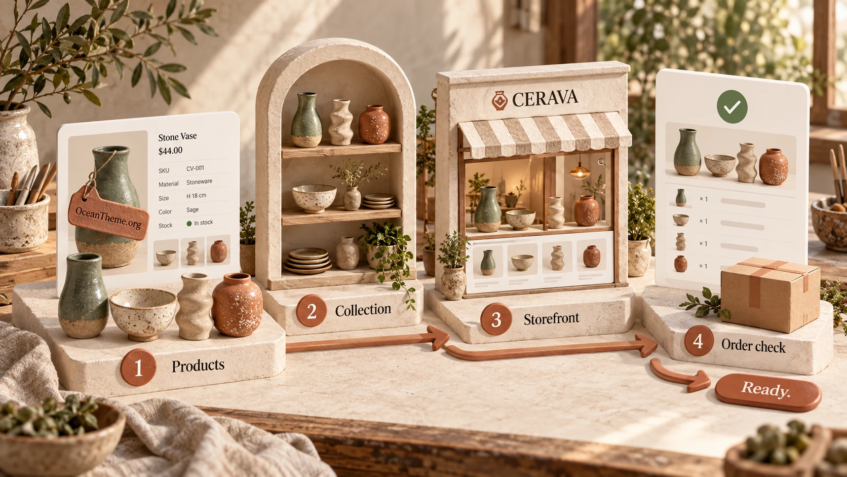 ThemeForest Cerava mini collection setup: global styles, Elementor pages, WooCommerce products, and storefront