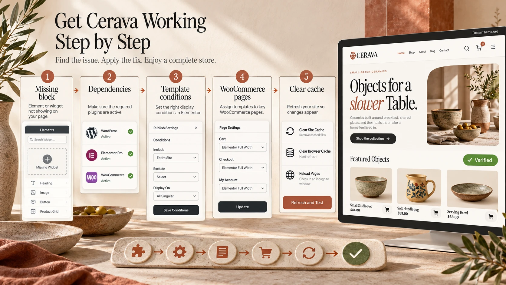 ThemeForest Cerava troubleshooting map: import, Elementor dependencies, template conditions, WooCommerce pages, and storefront checks