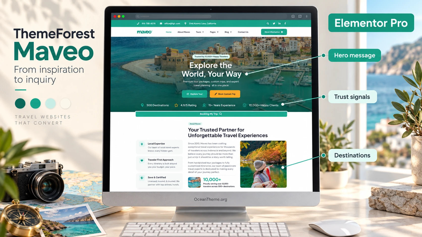 ThemeForest Maveo: an Elementor travel website with a hero section, destination cards, and itineraries