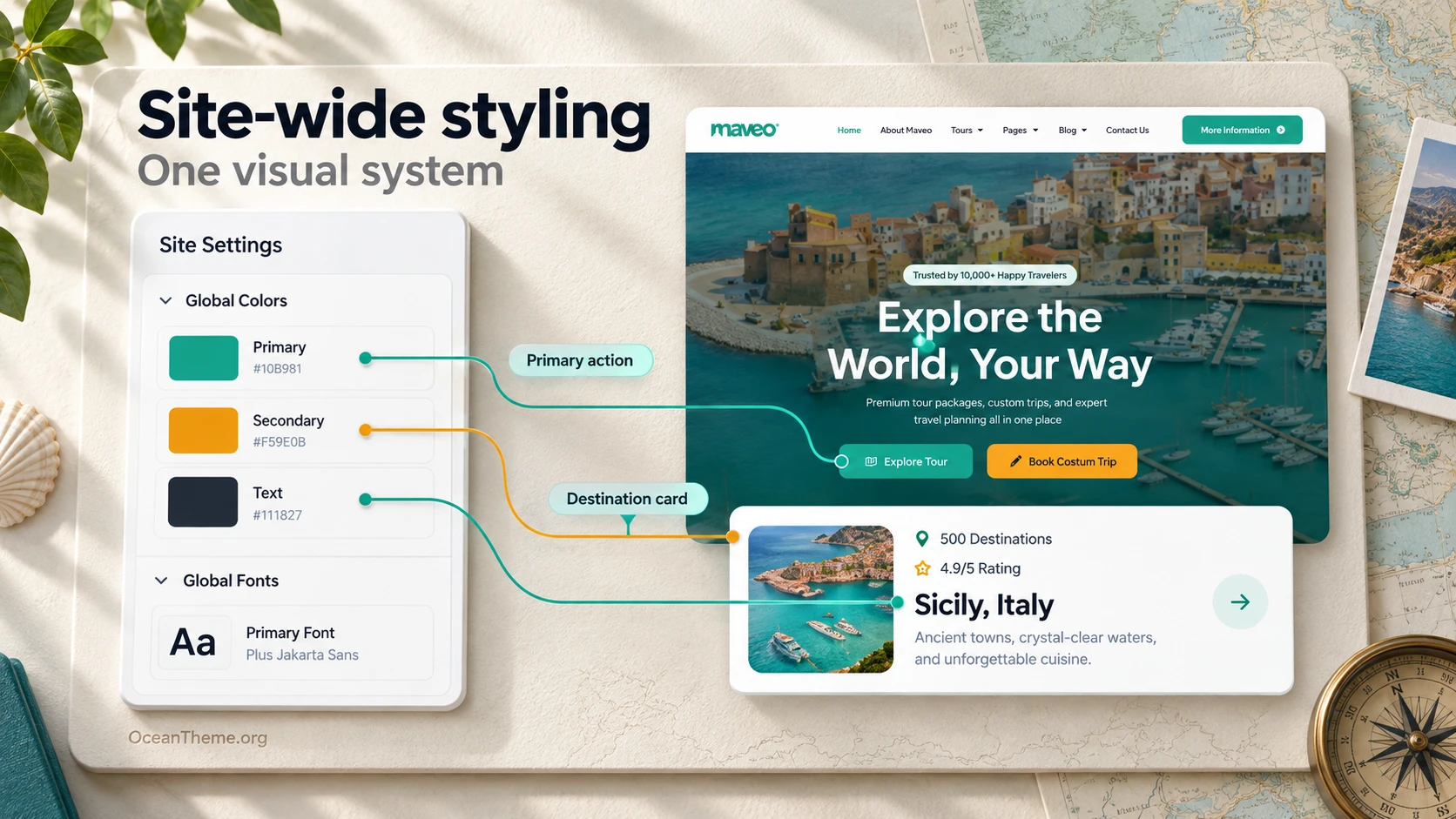 How Elementor global colors connect to the teal buttons and light sections in ThemeForest Maveo