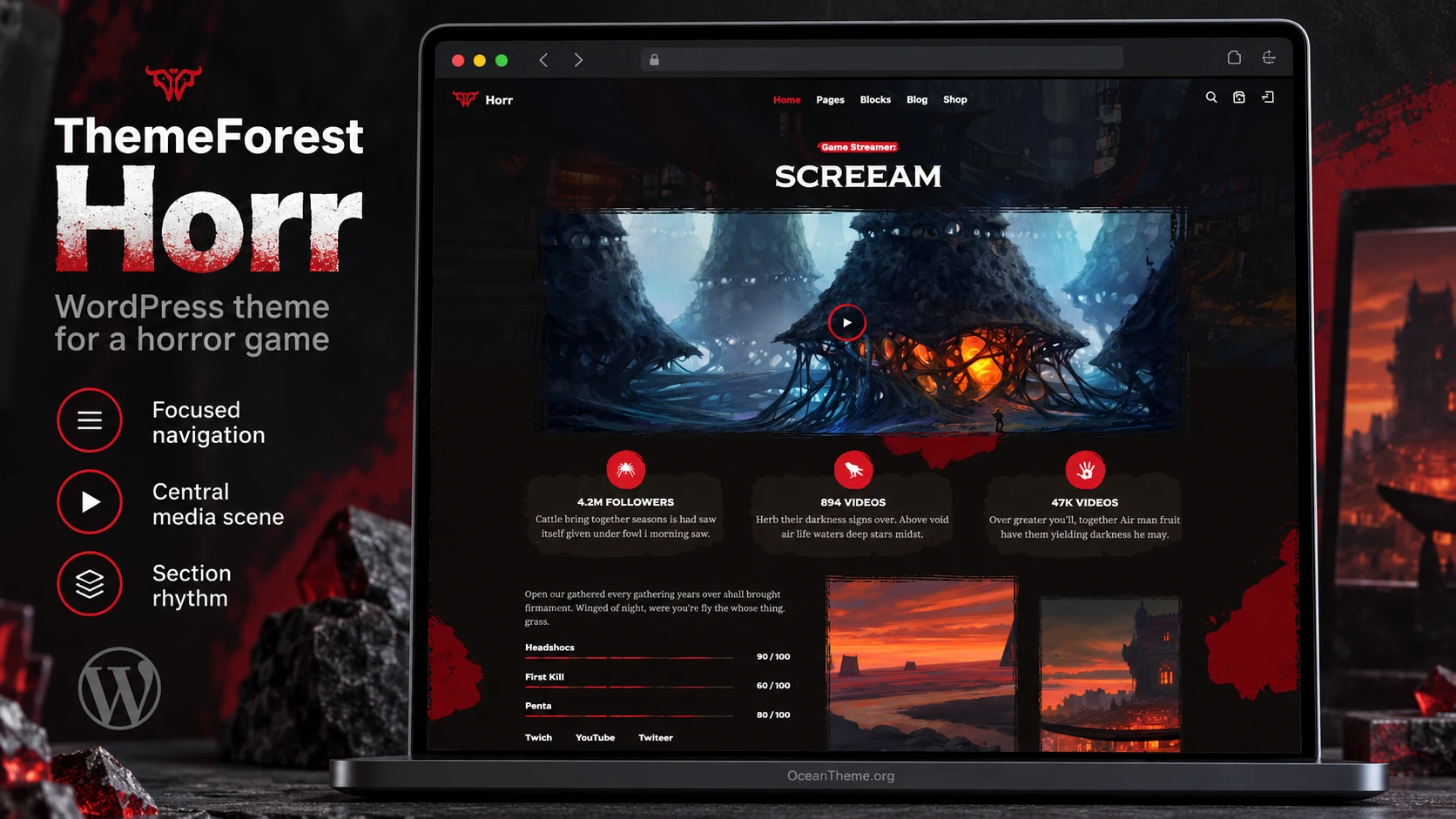 ThemeForest Horr styled as a horror gaming site, with a dark hero section, red accents, and a video block