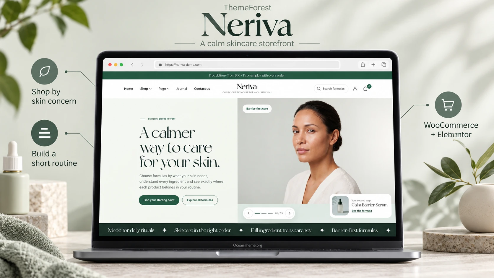 ThemeForest Neriva: a calm skincare storefront with cards organized by customer needs