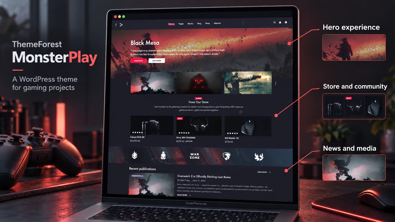 ThemeForest MonsterPlay guide cover showing a source-driven gaming interface in WordPress