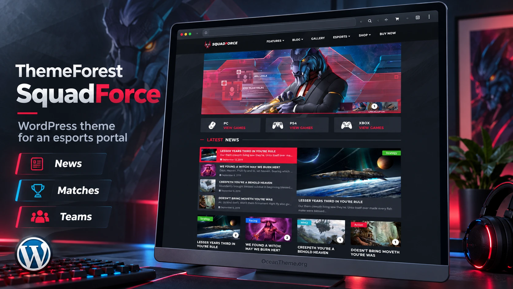 ThemeForest SquadForce in a browser mockup: an esports portal with dark navigation, red accents, and esports content blocks