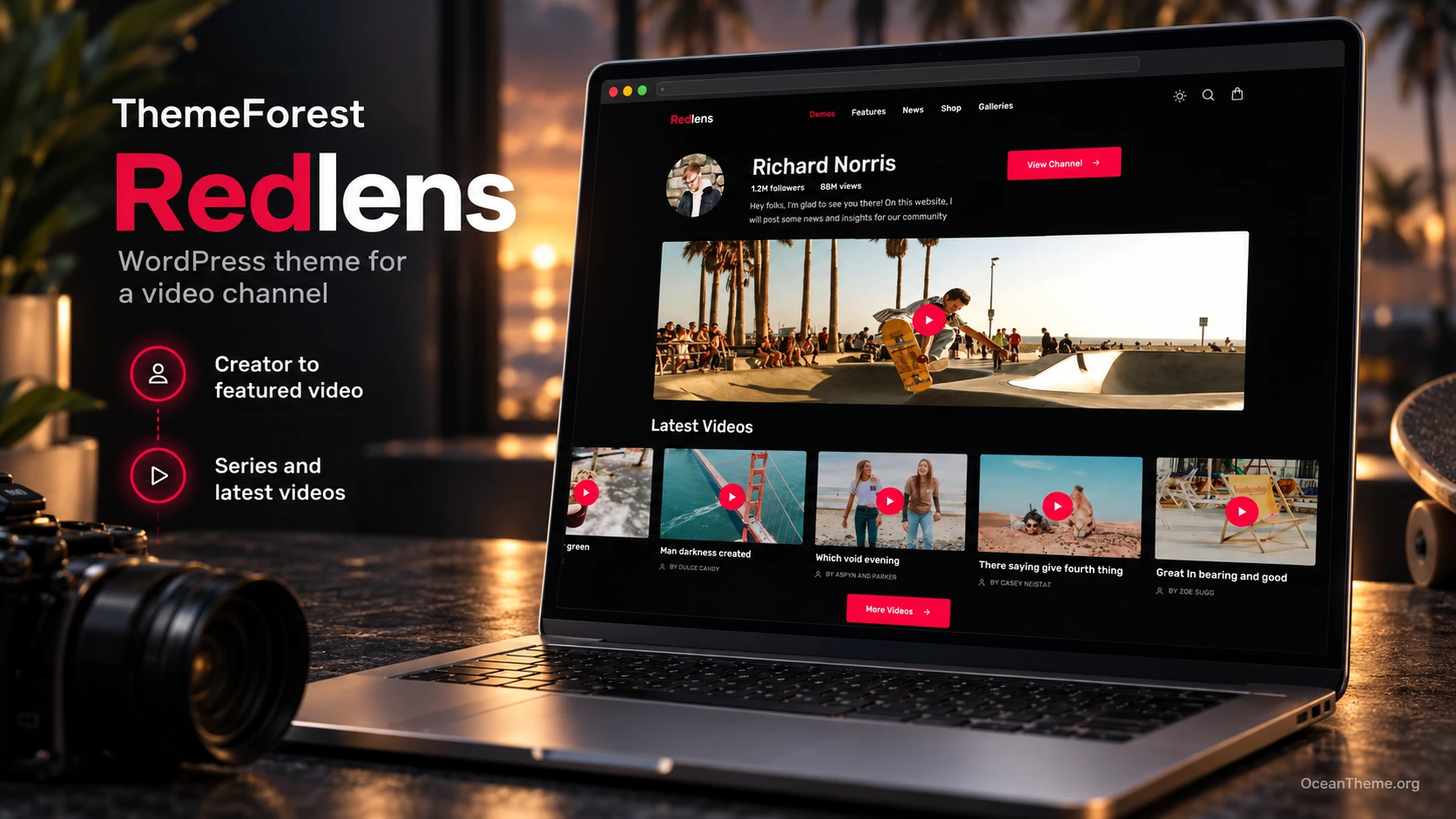 ThemeForest Redlens styled as a video blog with a dark palette, featured video, and post cards