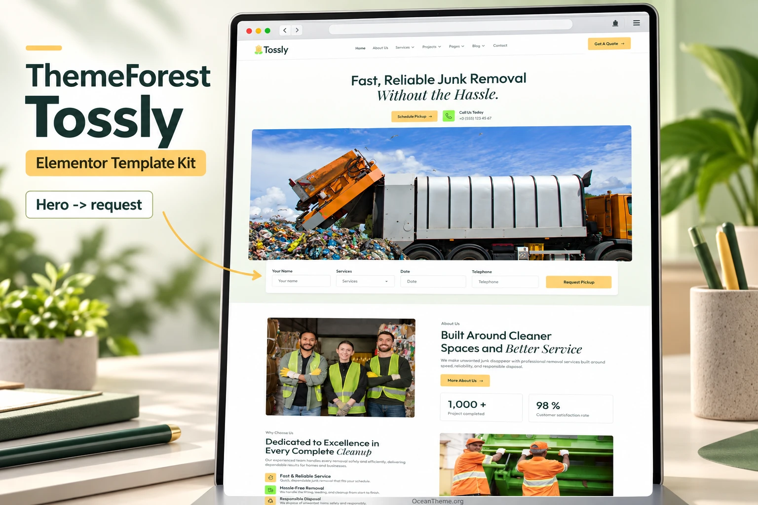 ThemeForest Tossly: hero layout and request page for a junk removal service