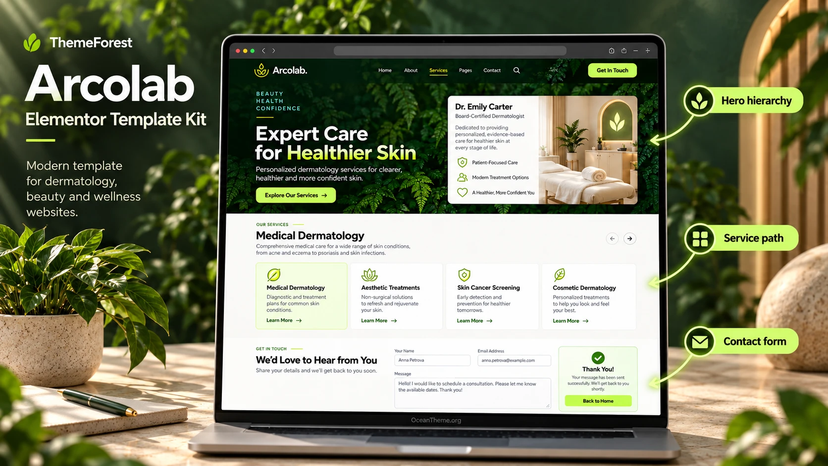 ThemeForest Arcolab: an Elementor website layout for a dermatology clinic